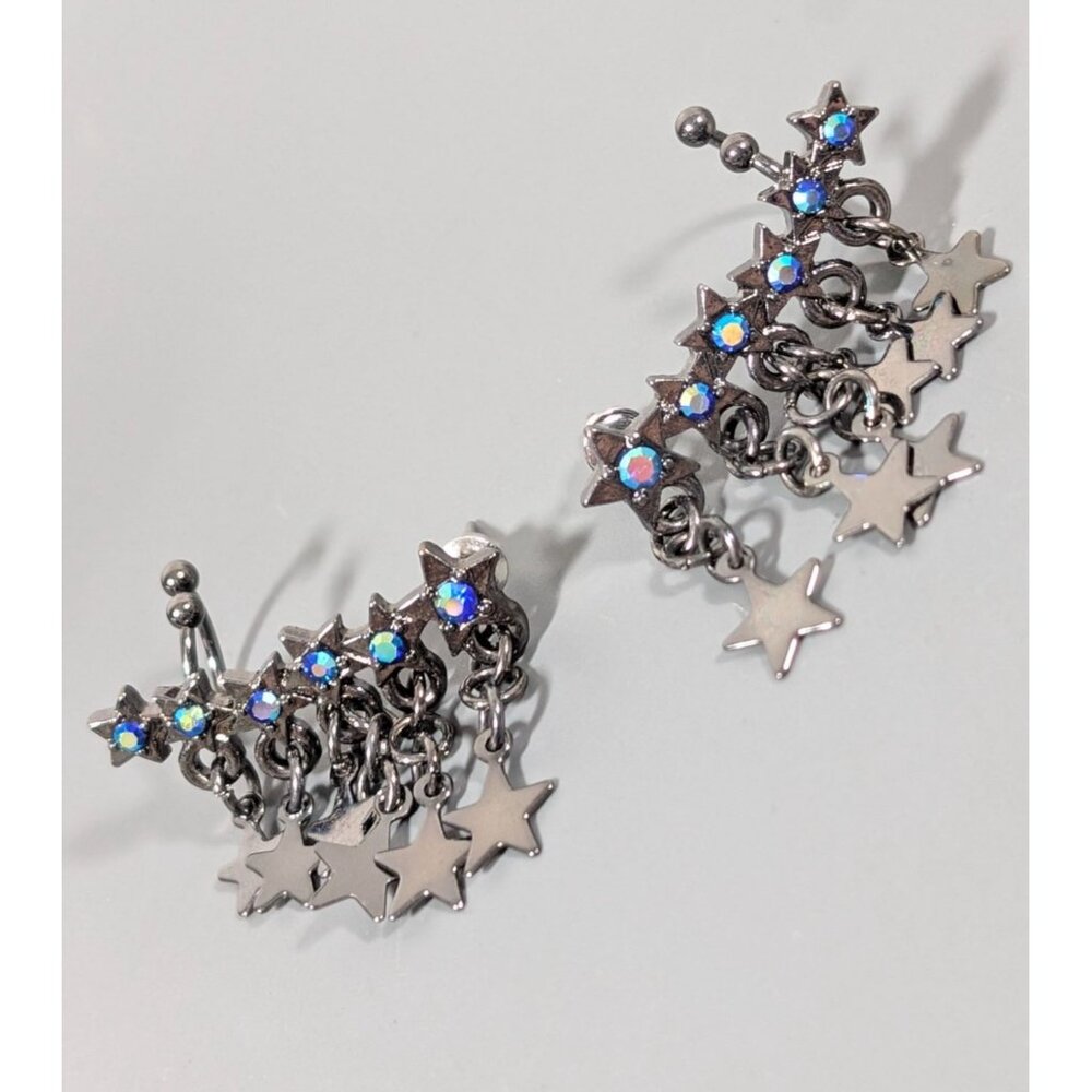 Gray Metallic Star Charm‎ Rhinestone Ear Climber Cuff Pierced Celestial Goth